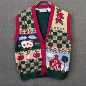 Vtg Jantzen Sweater Vest Womens Large Hand Knit Cardigan Farm Barn Apple Teacher